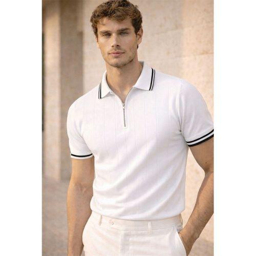 Jared Yakası Şeritli Dik Çizgili Yarım Fermuar İnce Triko Erkek T-Shirt - Beyaz