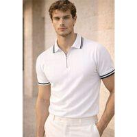 Jared Yakası Şeritli Dik Çizgili Yarım Fermuar İnce Triko Erkek T-Shirt - Beyaz