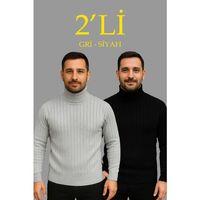 Erkek Fitilli Triko Kazak 2li Set Gri Siyah Regular Balıkcı Yaka Tam Boğazlı Triko Seti Modeli Kazak