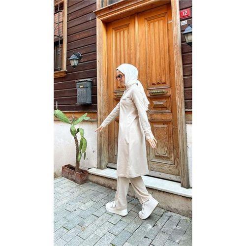 Fermuarlı Uzun Tunik Pantolon Spor İkili Takım - 03058.027 - Ekru