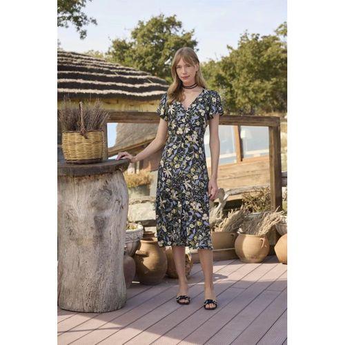 %100 Viskon Desenli Önden Düğmeli Elbise