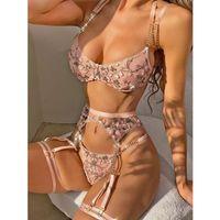 Özel Tasarım Pembe Çiçek Desenli Zincir Detaylı Fantezi Jartiyer Takımı