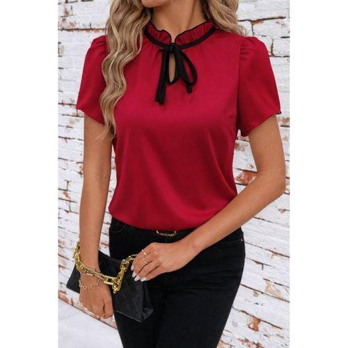 Kadın Kısa Kollu Yakası Fırfırlı Bağcıklı Janjan Krep Bluz