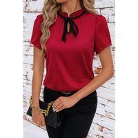 Kadın Kısa Kollu Yakası Fırfırlı Bağcıklı Janjan Krep Bluz