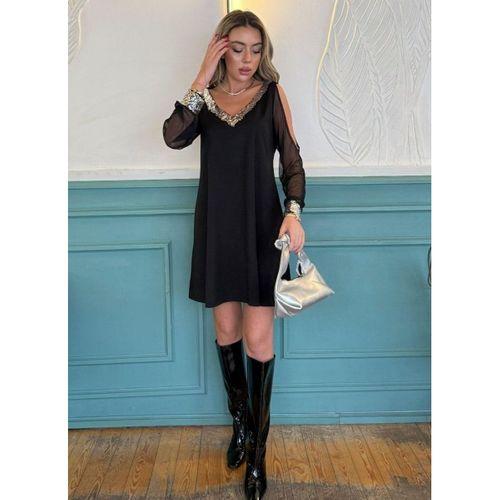 Kadın Uzun Kollu V Yaka Kollar Tül Yırtmaç Detay Kol Manşetleri Ve Yaka Payet Krep Elbise