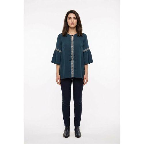 Kısa Kol Dicle Bağcıklı V Yaka Şile Bezi Yazlık Bluz Petrol Ptrl