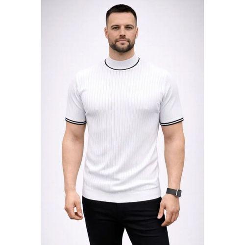Erkek Fitilli Triko Dokuma Kısa Kol Tişört Yarım Boğaz Modern Yazlık T-Shirt - Beyaz