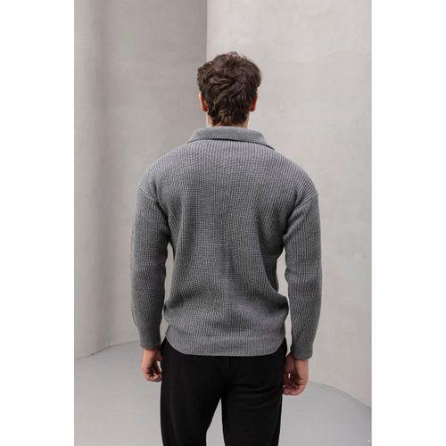 Oversize Selanik Örgü 4 Düğmeli Yarım Pat Rahat Kalıp Erkek Triko Kazak - Füme
