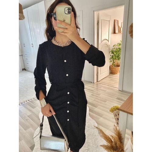 Kadın Uzun Kollu önden Düğmeli Beli Kuşaklı Aerobin Midi Elbise