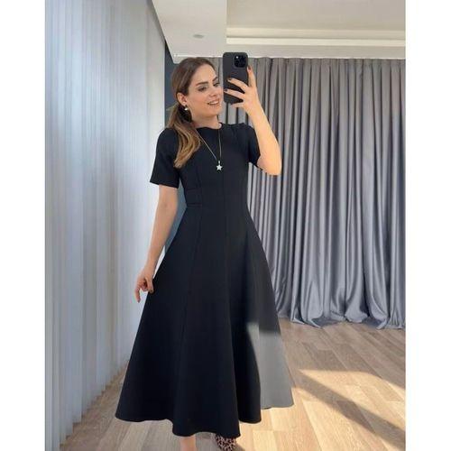 Kadın Kısa Kollu Bisiklet Yaka Maksi Boy Ithal Krep Elbise