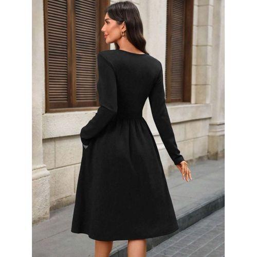 Kadın Uzun Kollu V Yakalı Cepli Midi Ithal Krep Elbise