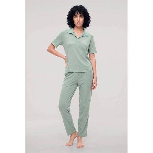 Özel Tasarım Kadın Yeşil Polo Yaka Pijama Takımı %100 Pamuk