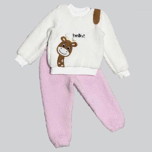 1-2-3 Yaş Hello Zürafa Nakışlı Kuzu Kumaş Sweat Pantolon Uzun Kollu Kız Erkek 2 Li Takımı Pembe