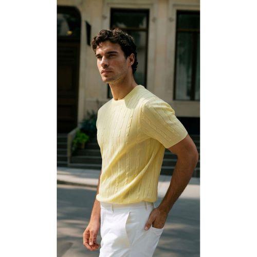 Erkek Örgü Desen Bisiklet Yaka Triko Tişört - %100 Pamuk Akrilik