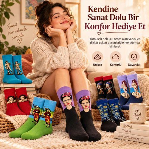 Unisex Çorap Sanat Temalı Renkli 7'li Set Portre Tablo Desenli Uzun Soket Günlük Eğlenceli Çorap Şık
