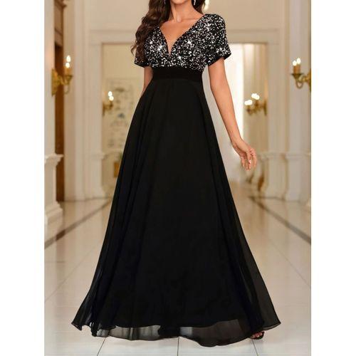 Kadın Kısa Kollu Derin V Yakalı A Kesim Pulpayet Detaylı şifon Nedime Elbisesi