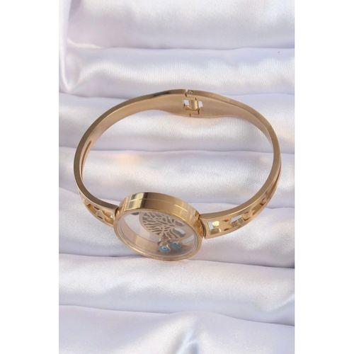 316L Çelik Altın Renk İçi Yaşam Ağacı ve Nazar Boncuk Figürlü Açılabilir Fanus Kelepçe - TJ-BB6158