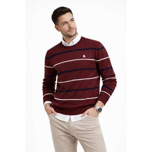 Erkek Bisiklet Yaka Cizgili Triko Kazak Yumuşak Dokulu Pamuklu Ince Dokuma, Uzun Kollu Rahat Regular Kalıp - Bordo