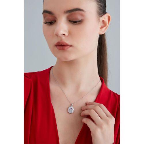 Lina Tia Kadın Bella Gio Model Çelik Gümüş Renk Kaplama Beyaz Kristal Zirkon Taşlı Baget Zincir Kombin Kolye