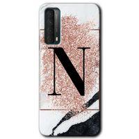 Potkal Hediye Fabrikası Huawei P Smart 2021 HD Baskılı Kılıf + 9D Tam Ekran Koruyucu - Pembe Mermer Desenli N Harfi