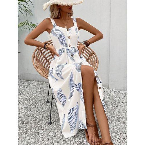 Kadın Askılı önden Düğmeli Yaprak Desenli Uzun Süprem Elbise