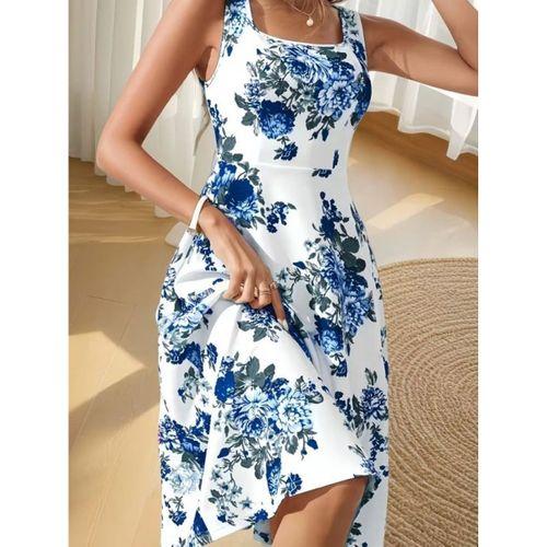 Kadın Askılı Kare Yakalı çiçek Desenli Midi Dalgıç Elbise