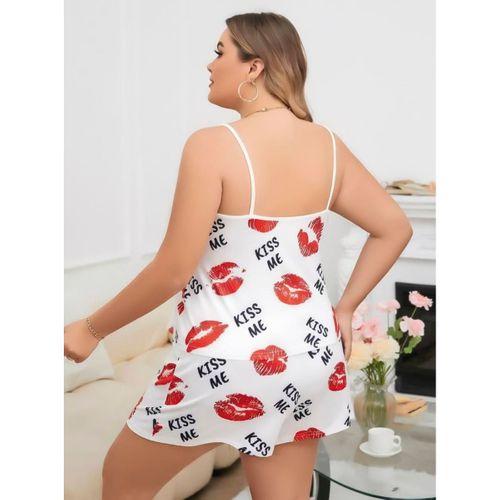 Büyük Beden Kiss Me Öpücük Desen Pamuklu Şortlu Pijama Takımı