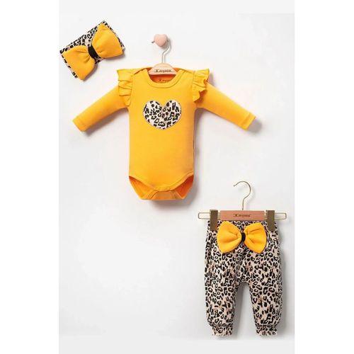 Fiyonklu Leopar Desenli % 100 Pamuk Kız Bebek Takım