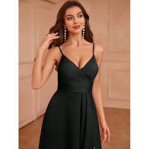 Kadın Ip Askılı Kruvaze Yakalı Yırtmaçlı Uzun Ithal Krep Elbise