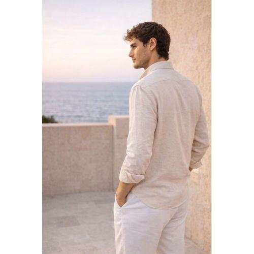 Scott – Soft Dokulu Yarım Oversize Modern Keten Görünümlü Erkek Gömlek - Bej