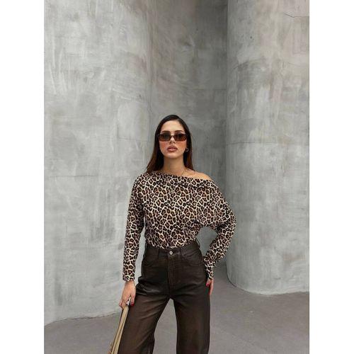 Kadın Leopar Desenli Düşük Omuzlu Bluz