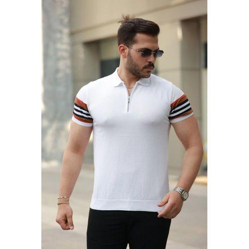 Erkek Fermuar Yakalı Kolları Desenli Kısa Kollu Tişört