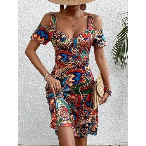 Kadın Omuzlardan Açıl Askılı Desenli Süprem Elbise