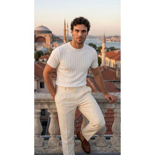 Erkek Örgü Desen Bisiklet Yaka Triko Tişört - %100 Pamuk Akrilik