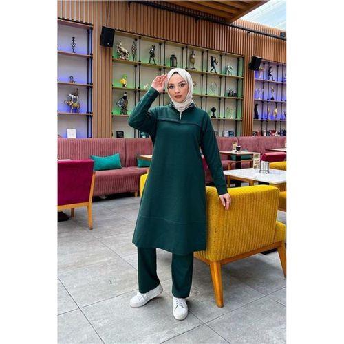 Dik Yaka Kısa Fermuarlı Yırtmaçlı Sade Basic Uzun Tunik ve Pantolon İkili Spor Takım - 03062.021 - Nefti