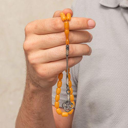 Gümüş Kazaz Püsküllü Kapsül Kesim Sarı Sıkma Kehribar Tesbih