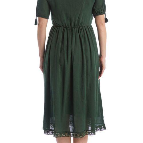 Kısa Kol Yeşil Şile Bezi Midi Boy Yazlık Elbise