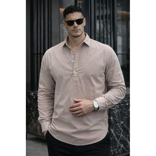 Yarım Pat Yakalı York Pamuk Kumaşlı Uzun Kollu Erkek Gömlek - Bej