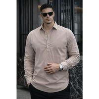 Yarım Pat Yakalı York Pamuk Kumaşlı Uzun Kollu Erkek Gömlek - Bej