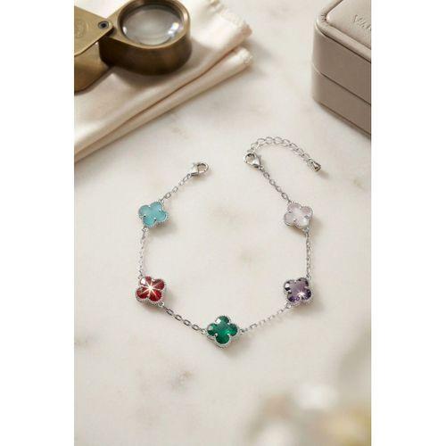 Renkli Kristal Taşlı Gümüş Renk Yonca Model Kadın Bileklik