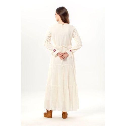 Uzun Kol Zeynep Bisiklet Yaka Nakışlı Uzun Vual Elbise Krem Krm