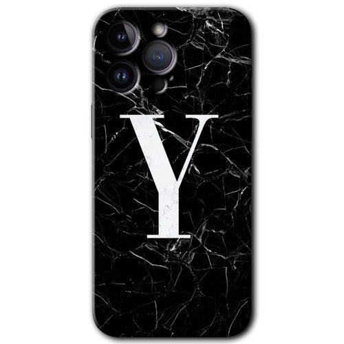 iPhone 14 Pro Max Kılıf HD Desen Baskılı Arka Kapak - Temperli Cam - Siyah Mermer Desenli Y Harfi