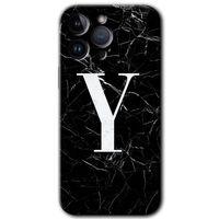 iPhone 14 Pro Max Kılıf HD Desen Baskılı Arka Kapak - Temperli Cam - Siyah Mermer Desenli Y Harfi