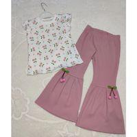 1-2-3-4 Yaş Kiraz Baskılı Tişört İspanyol Paçalı Likralı 2li Kız Çocuk Takımı Gül Kurusu