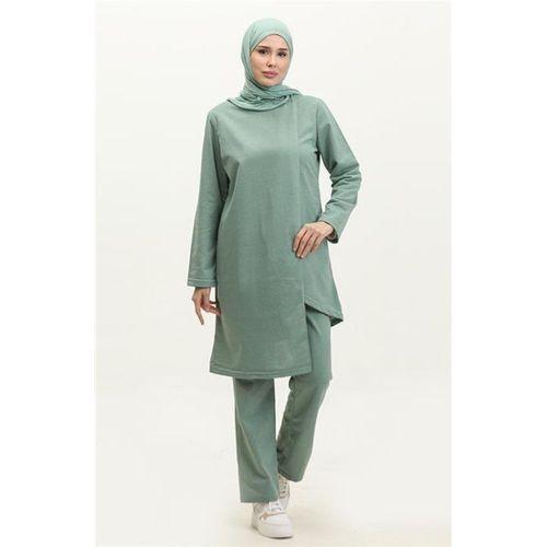 Kruvaze Bisiklet Yaka Sade Basic Tunik Panolon İkili Takım - 03076.100 - Çağla Yeşili