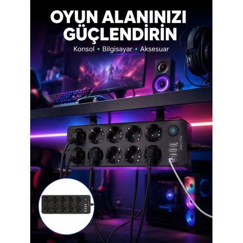 Usb Ve Type-c Çıkışlı 10'lu Akım Korumalı Çoklu Priz Güç Dağıtıcı