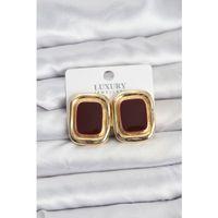 Bordo Mineli Kare Gold Renk Vintage Kadın Küpe