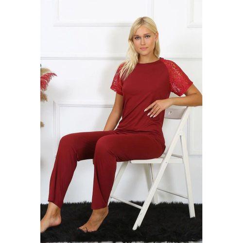 Kadın Kolu Dantelli Penye Pijama Takım Bordo