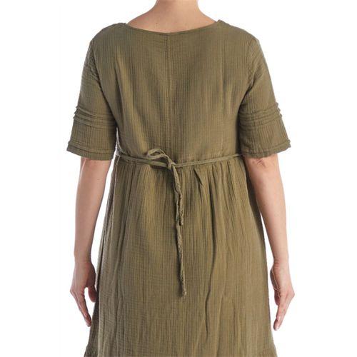 Kısa Kol Haki Kare Yaka Cep Detaylı Midi Boy Müslin Yazlık Elbise