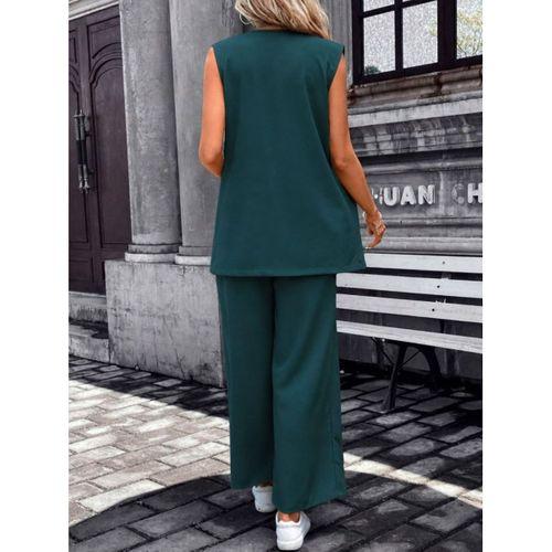 Kadın Kolsuz önü Açık Yakalı Cepli Janjan Krep Yelek Ve Pantolon Ikili Takım